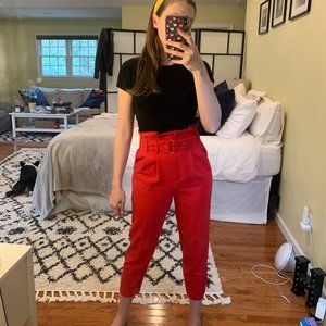 Topshop Red High Waisted Paper Bag Style Ankle Pants